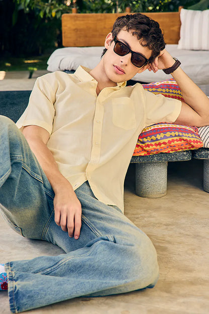 Cream Linen Blend Slim Fit Shirt