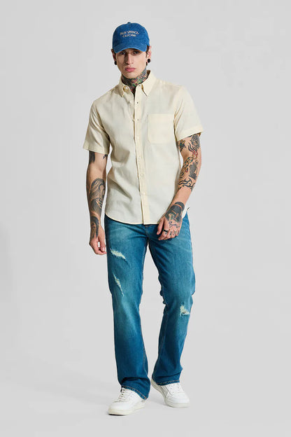 Cream Linen Blend Slim Fit Shirt